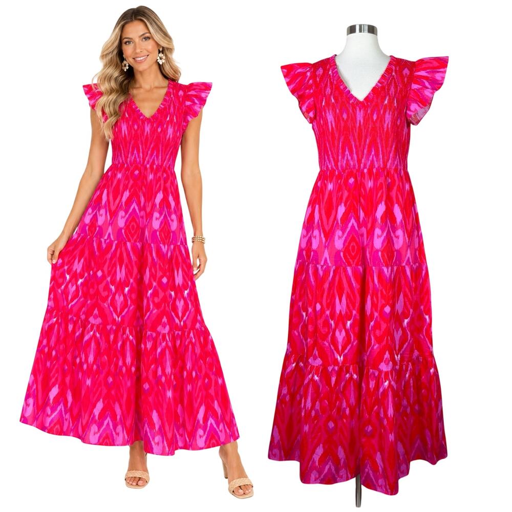 Sugar Lips | Blevin Ikat Pink Red Ruffle Tiered V Neck Cotton Maxi Dress Large
